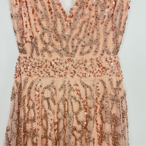 Mac Duggal 5682 Sequined Flutter Cap Sleeve Cut Out A-Line Gown, Apricot, Size 8 - Picture 5 of 11